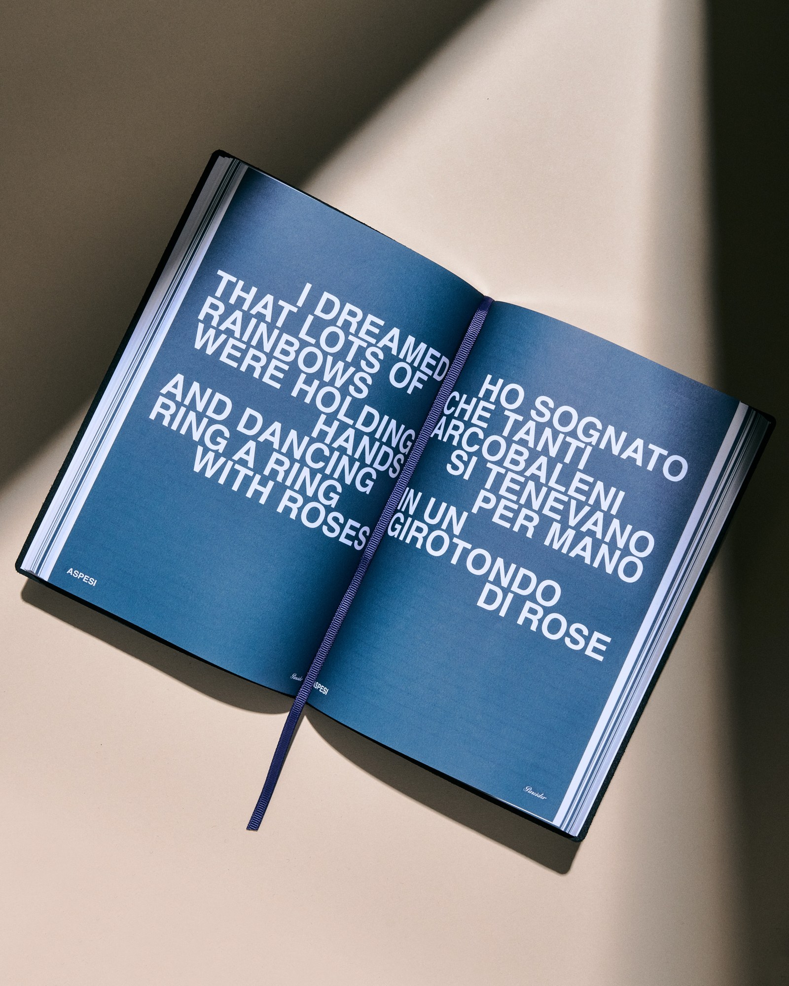Libro aperto con testo bianco su pagine blu, still life editoriale